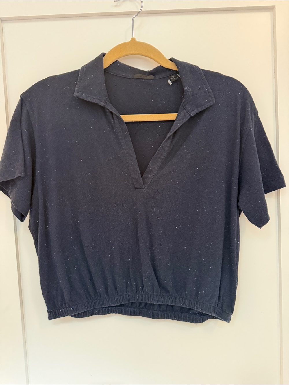 ATM Anthony Thomas Melillo Navy Short-Sleeve Polo Crop Top with Subtle Speckle